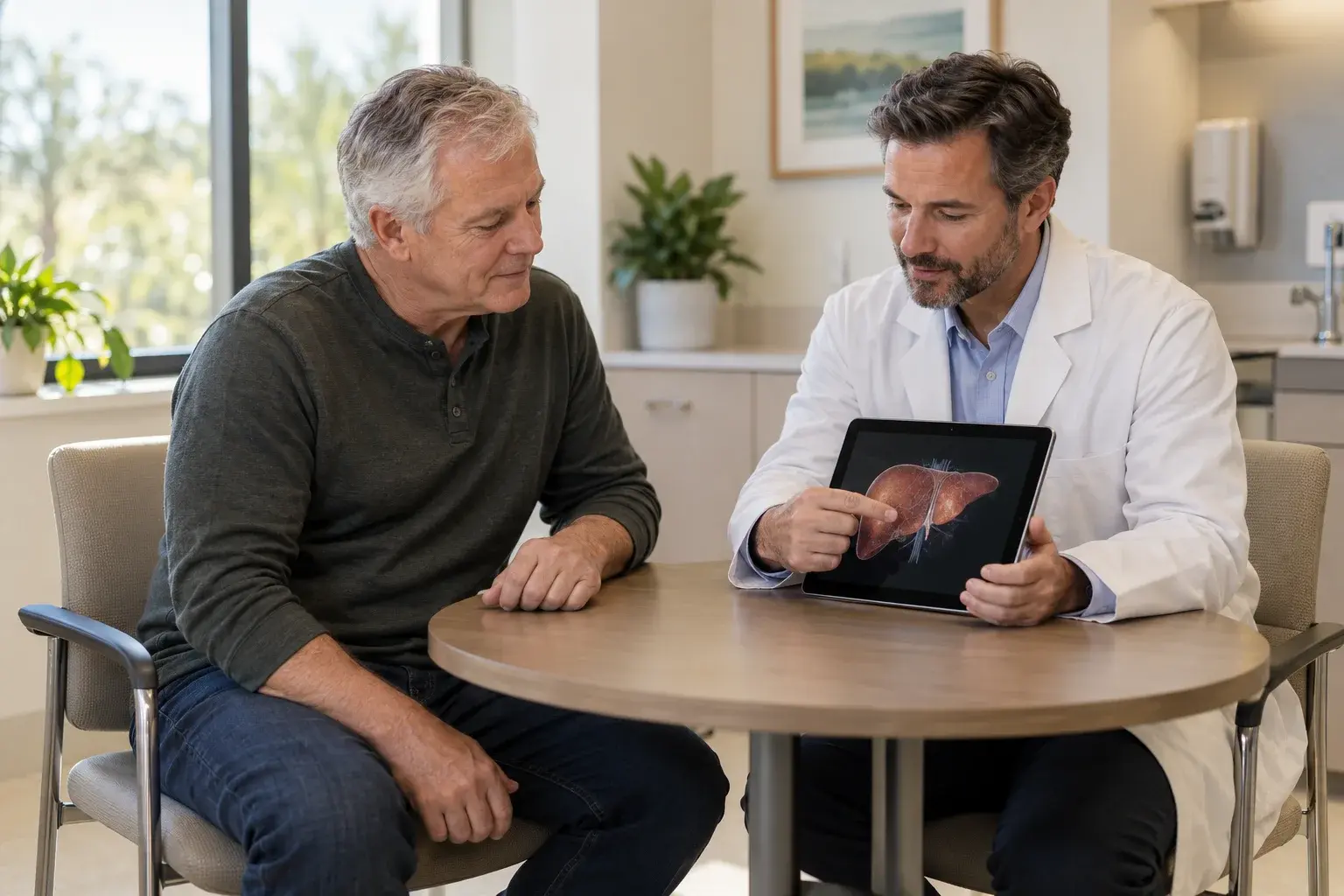 A participant and a study team member reviewing liver information together.